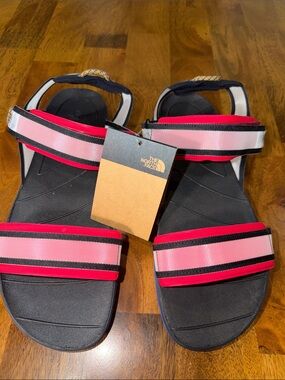 The North Face SKEENA sport Black Footbed Pink and Red Webbing Strap Sandals
